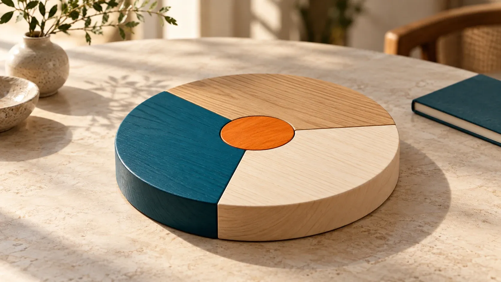 Three wooden sections form one circular platform around an orange centre on a sunlit table.