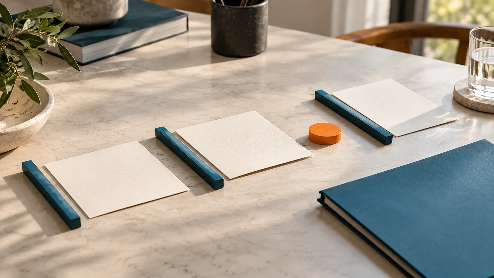 Three paper stations separated by teal dividers, with an orange marker between them.