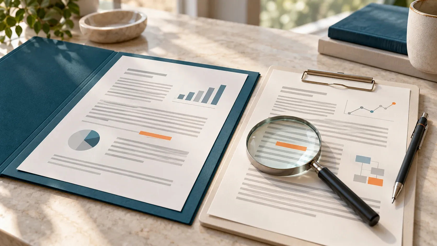 Two reports, charts and a magnifying glass arranged for close review on a desk.