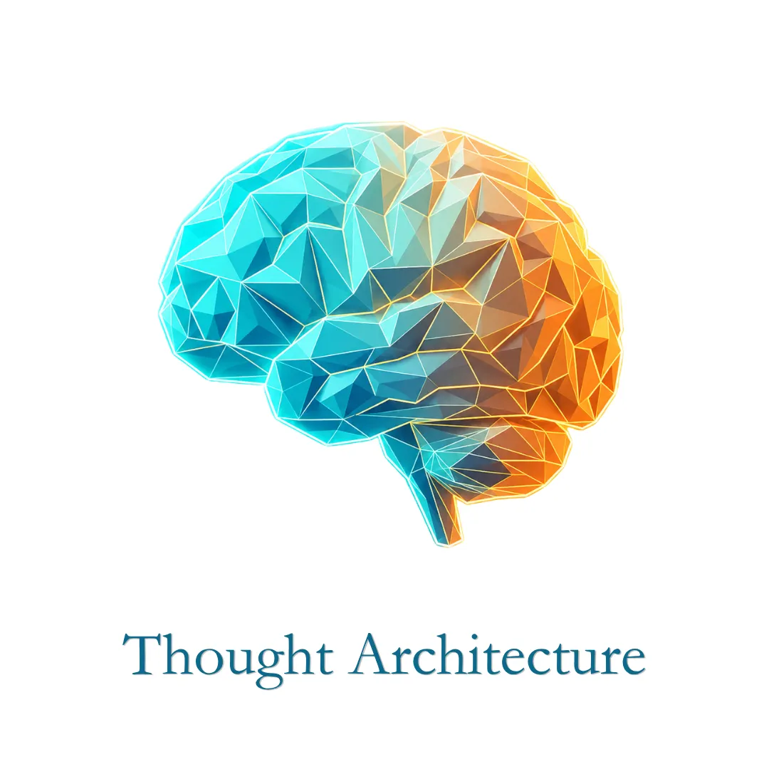 Thought Architecture logo featuring a geometric teal and orange brain