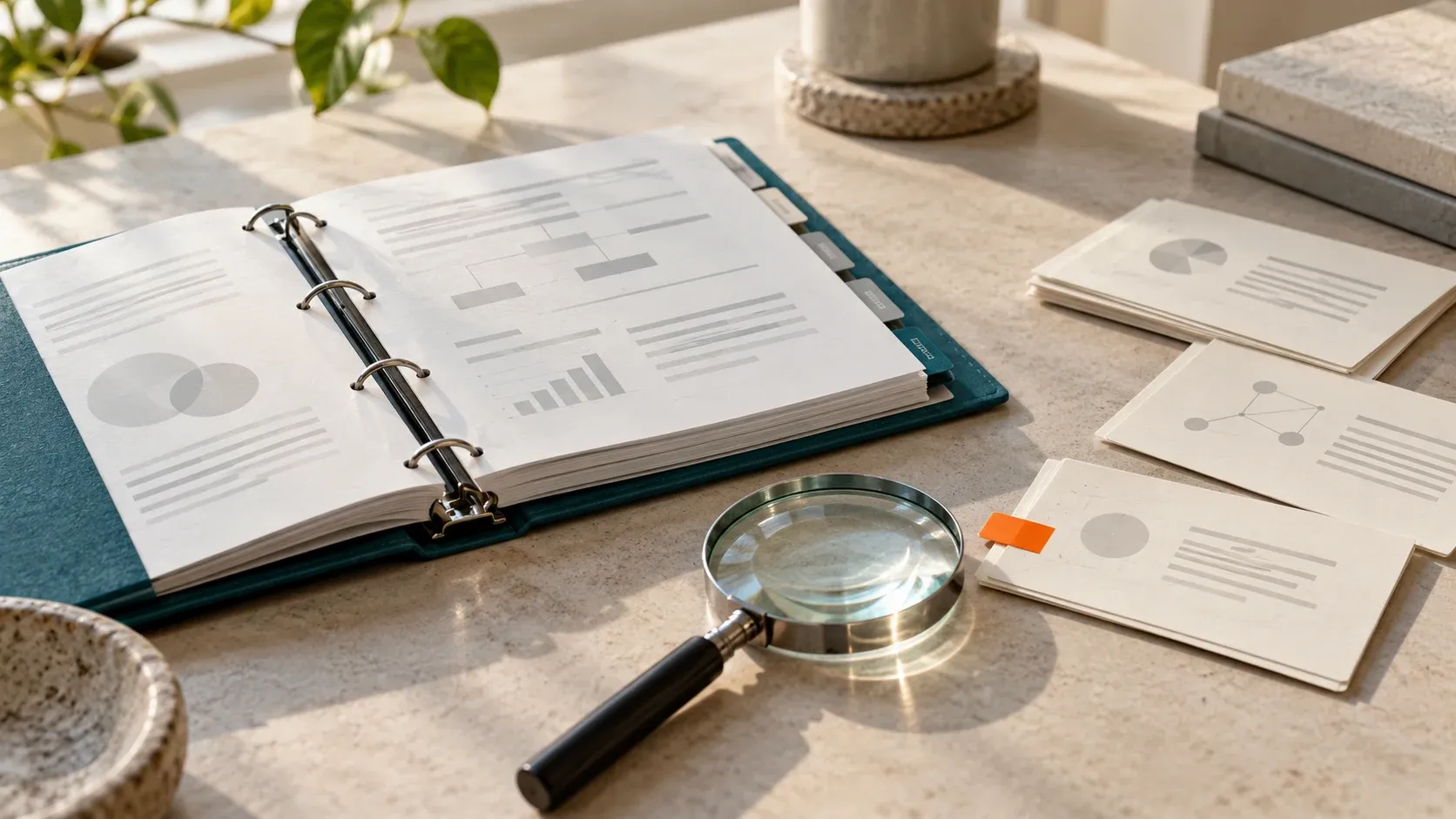 An open reference binder, information cards and a magnifying glass arranged on a sunlit desk.