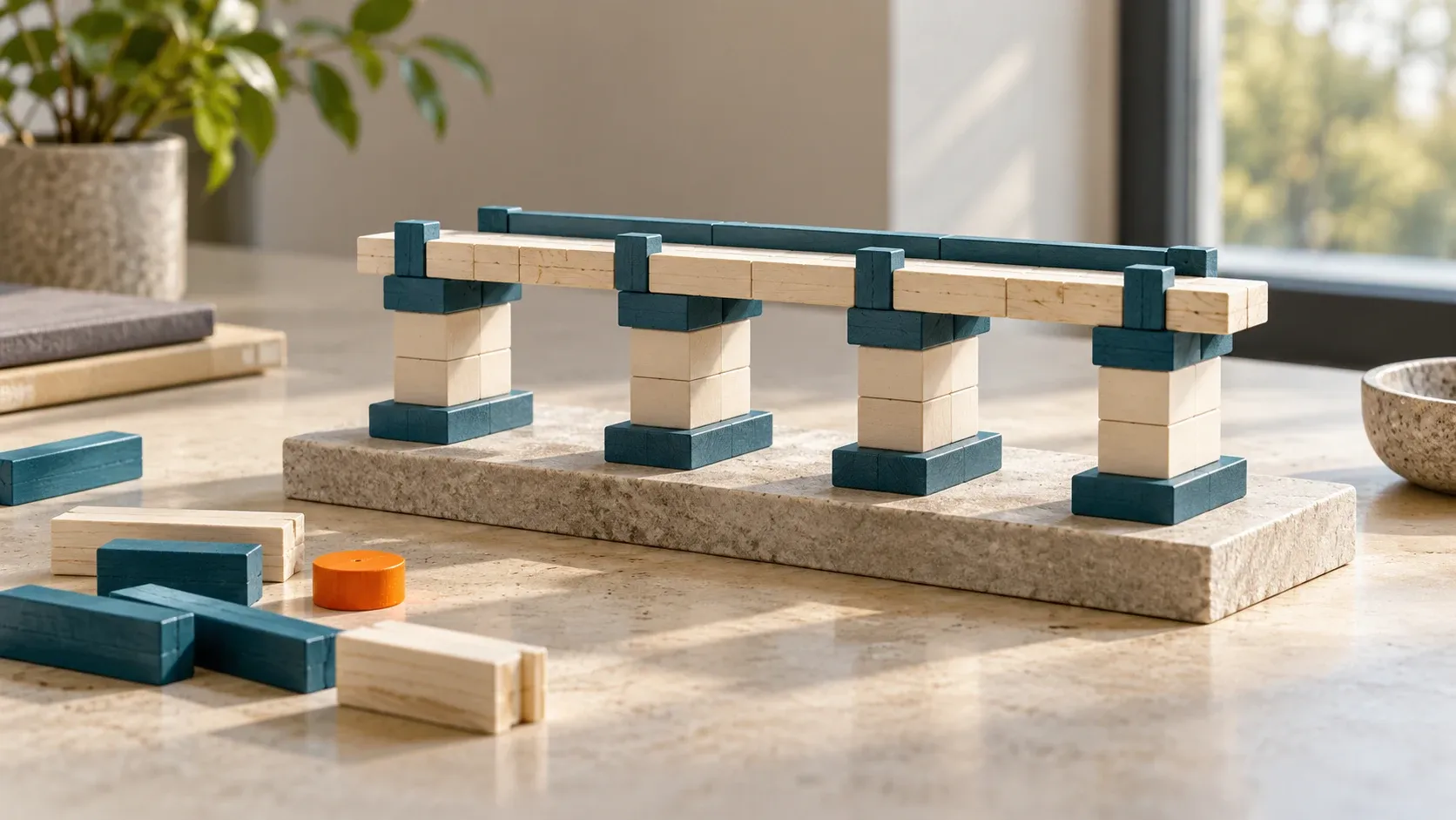 A model bridge built from teal and natural timber blocks on a sunlit table.