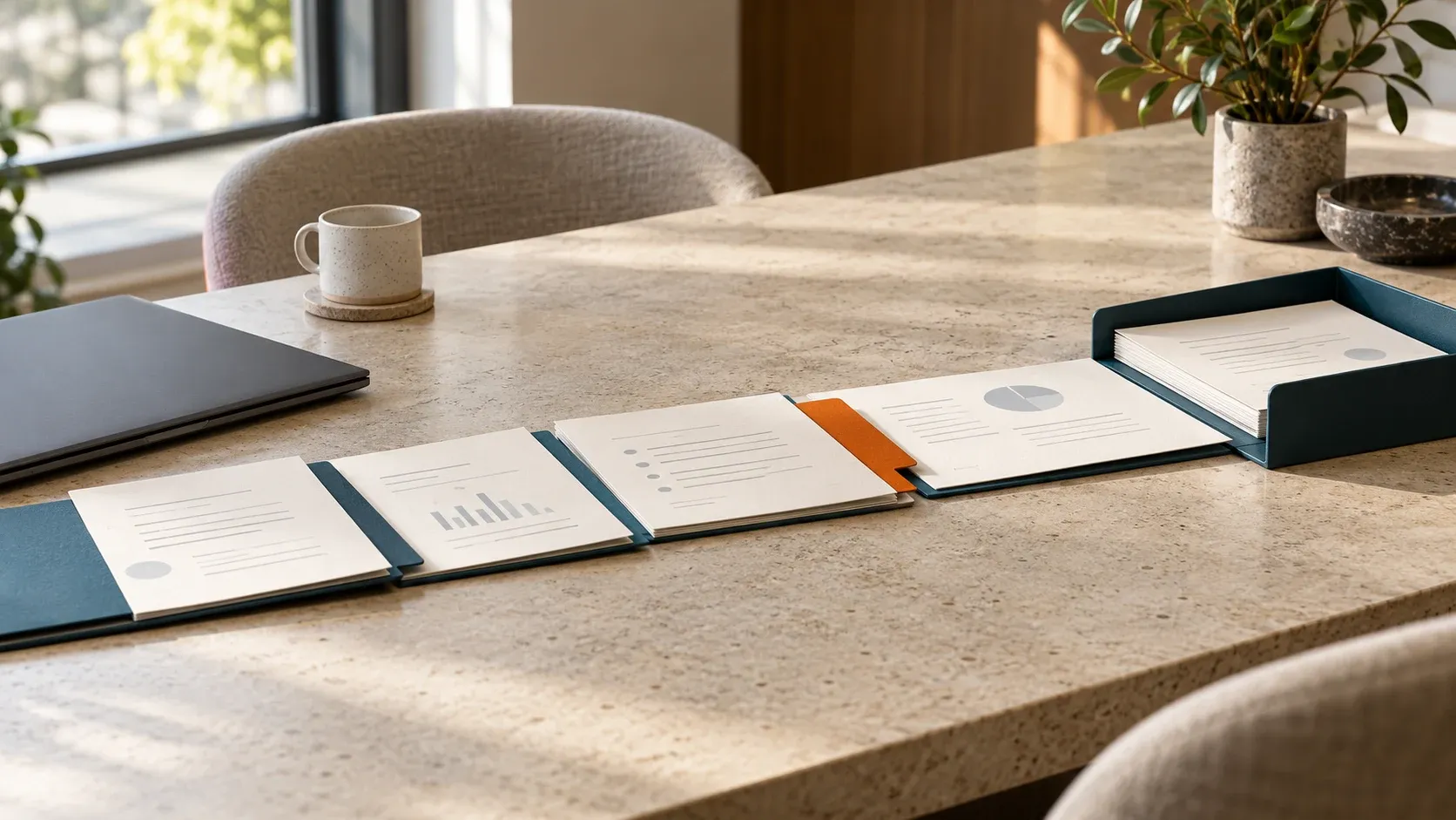 A sequence of document folders and reports arranged across a sunlit meeting table.