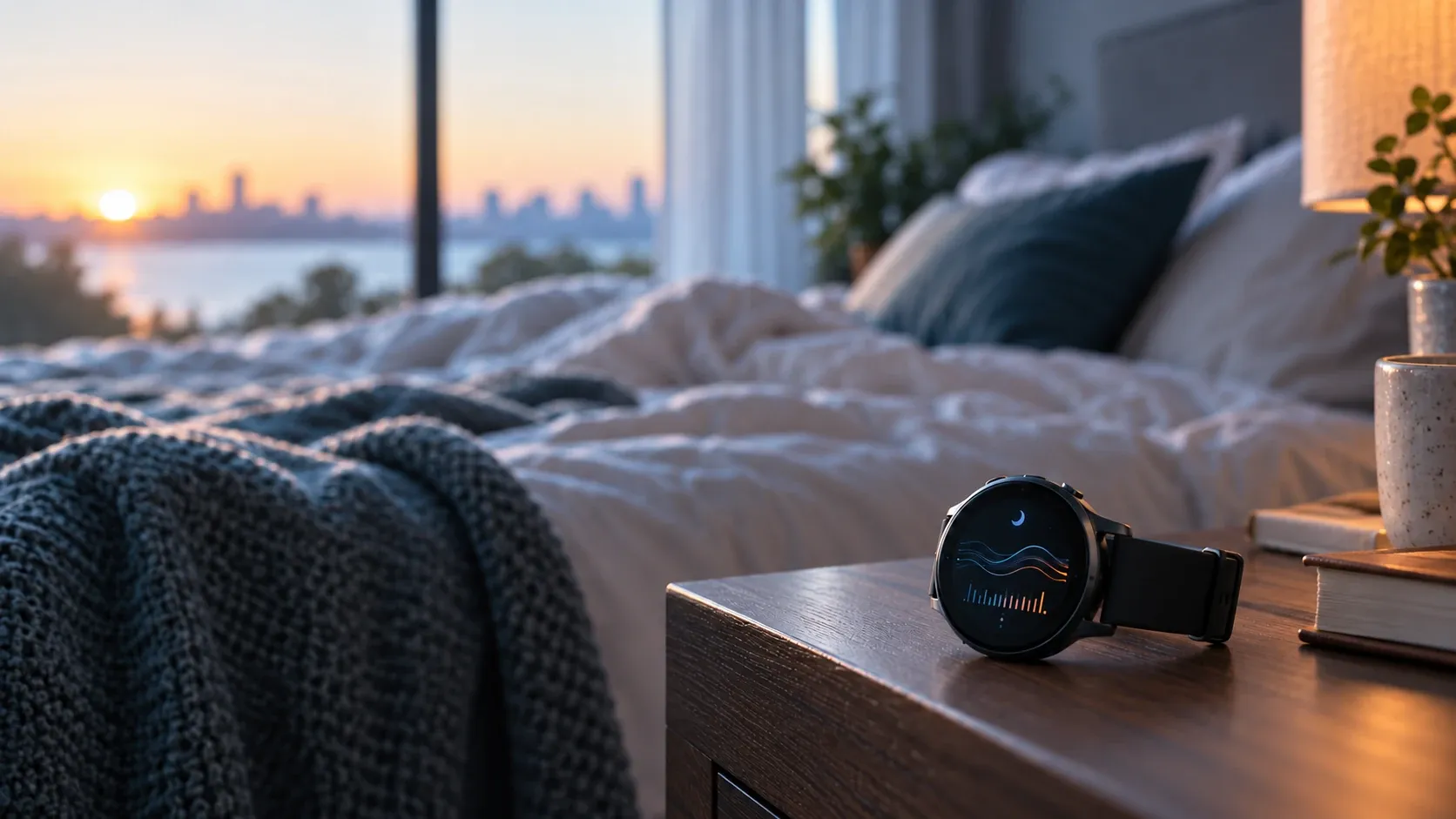 An unbranded sleep-tracking watch beside a bed in the early morning.
