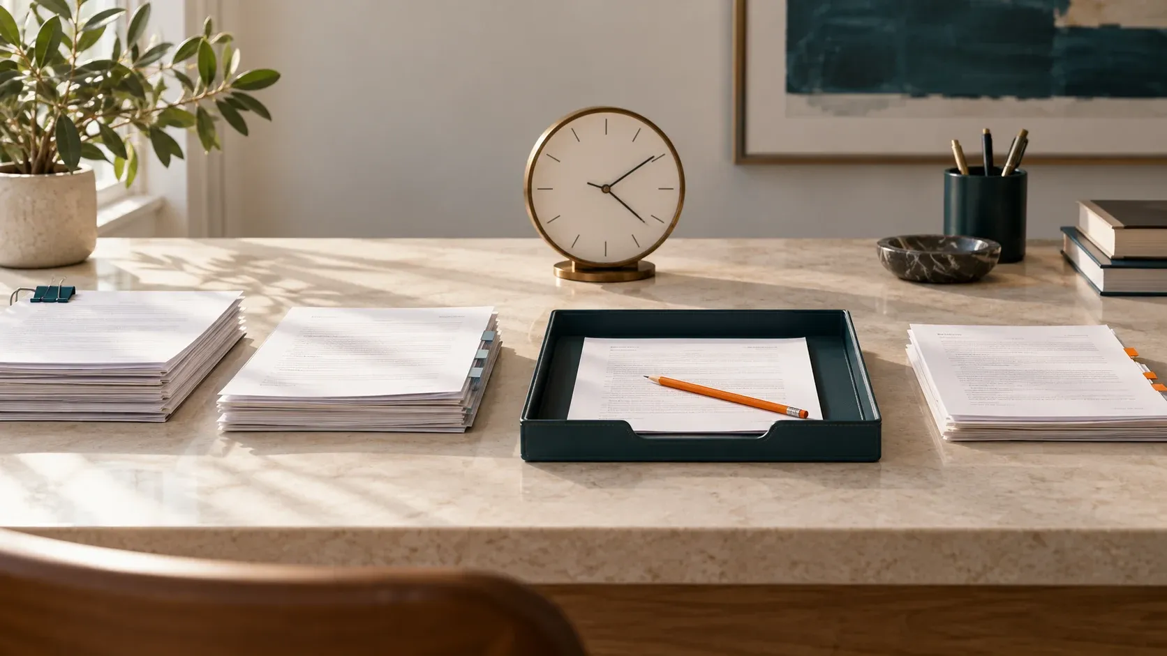 Stacks of documents, an in-tray and a clock arranged across a sunlit desk.